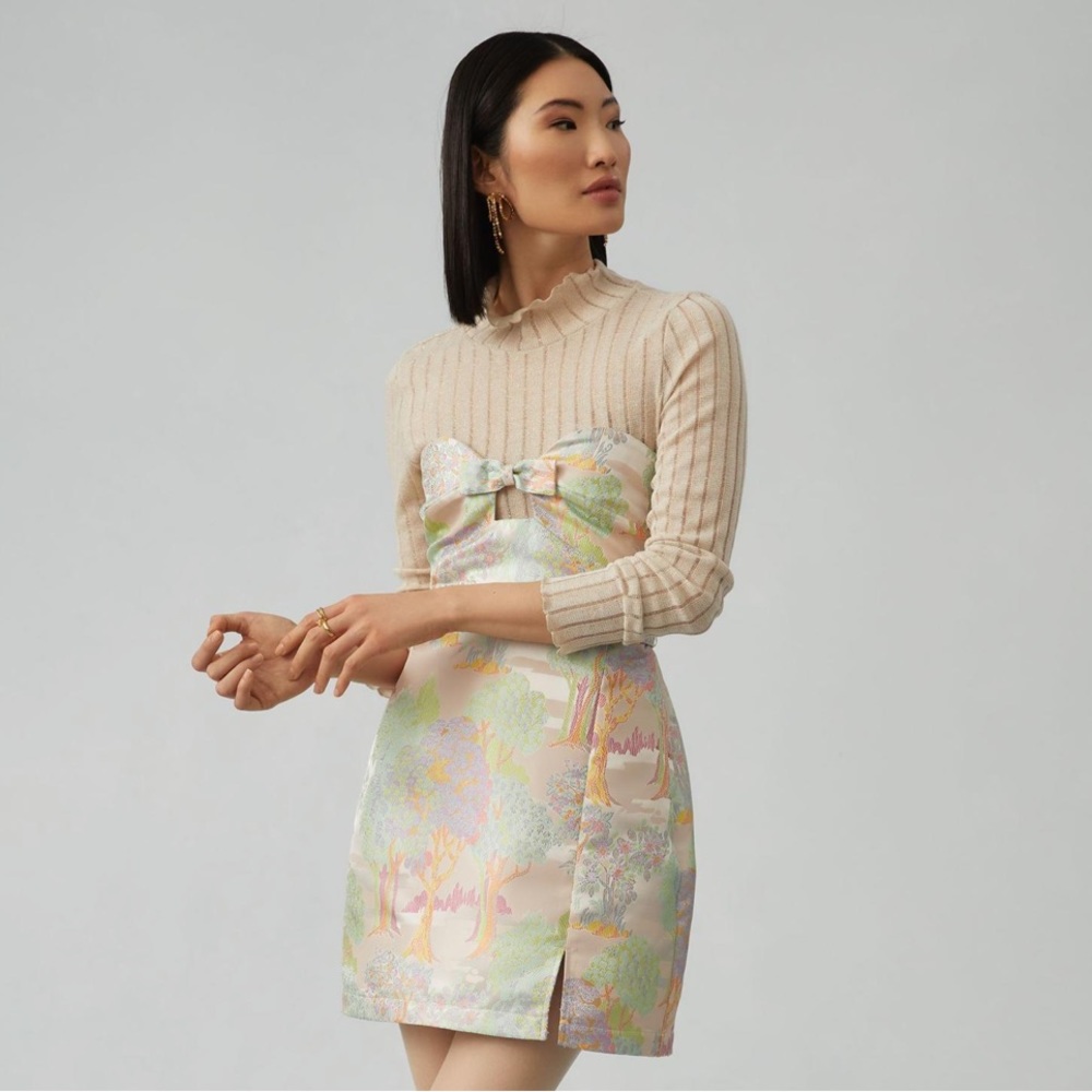Maeve Pastel Floral Strapless Mini Dress - Pink, Green, Cream